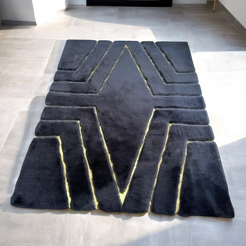 Tapis en peluche géométrique noir et doré_8,83 X 12 pi, Rectangle 8 pi 10 po x 12 pi