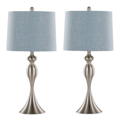 Lampe de table contemporaine en métal brossé 27 "en nickel brossé avec abat-jour en lin bleu clair, ensemble de 2