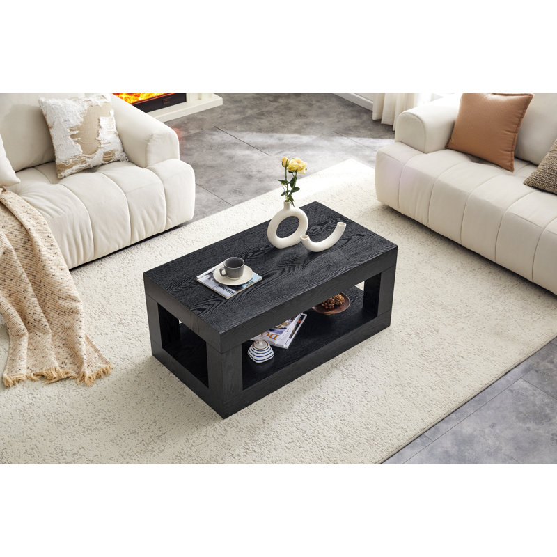 Table basse moderne et durable en MDF noir avec rangement ouvert pour le salon, Black Woodgrain