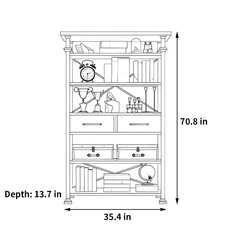 Bibliothèque rétro tendance, (5 tablettes) H 70,8 po x l 35,4 po x P 13,7 po