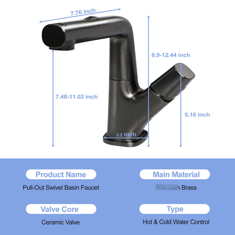 Robinet de salle de bain rétractable à trois modes en noir acier, tuyaux d'alimentation en eau de 90 cm, fonction soyeuse, pivot sur 360 becs, commande de bouton froid / chaud, accessoires complets et manuel d'installation, fiable