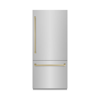 ZLINE Autograph Edition 36 in. 19.8 cu. ft. Built-In Bottom Freezer Refrigerator with Water Dispenser and Ice Maker in Stainless Steel with Accents