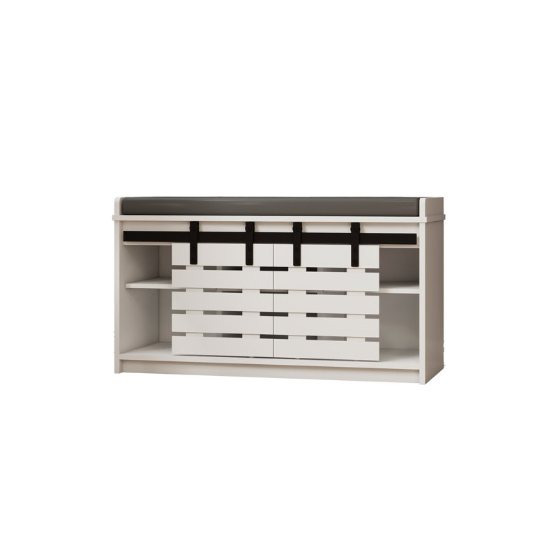Banc de rangement pour chaussures Modern, banc d'entrée à 2 niveaux avec 2 portes de grange coulissantes et coussin de siège amovible et doux pour l'entrée