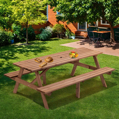 Table de pique-nique en bois pour 8 personnes avec 2 sièges et trou pour parasol