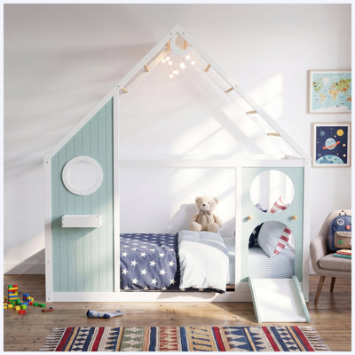 Lit simple avec glissade, bande lumineuse à DEL et panneau avant, bleu, lit plateforme en bois pour enfants