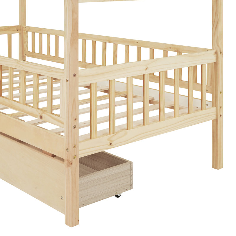 Lit simple en bois avec deux tiroirs, Natural