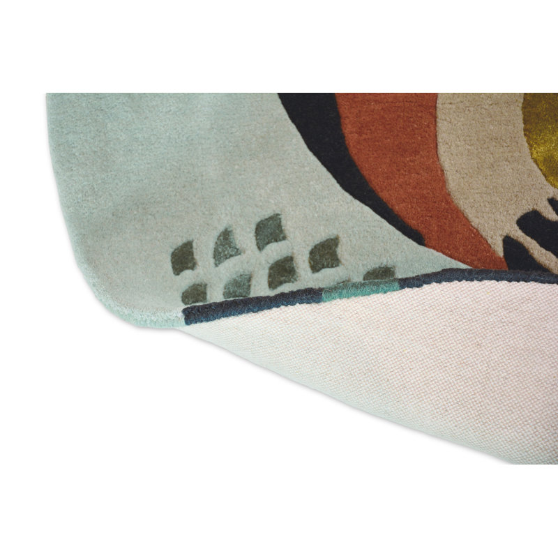 Hand Tufted Wool Area Rug in Teal/Orange/White/Yellow, Round 3'3"