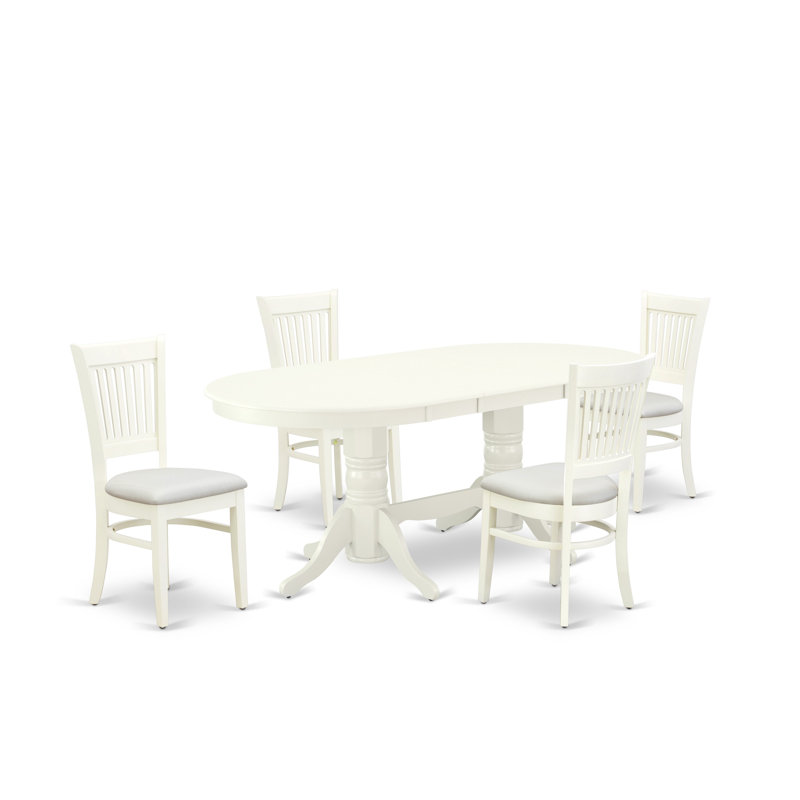 Ensemble de table à manger 5 pièces pour 4 personnes comprenant une table de salle à manger ovale avec rallonge papillon et 4 chaises de salle à manger en tissu de lin, blanc lin