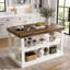 Îlot de cuisine de 140 cm avec rangement, table îlot fixe autoportante à 3 niveaux de style champêtre pour cuisine et salle à manger