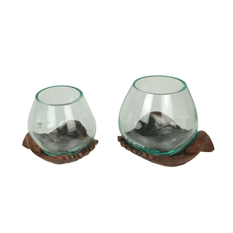 Bols, vases et terrariums transparents en verre soufflé en fusion avec mains en bois naturel sculpté, ensemble de 2 - 7,5 x 7,5 x 6 et 7 x 7 x 5,25 po