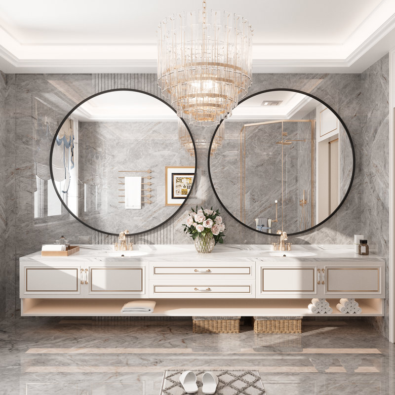 Molly Easy French Cleat Mounting Metal Alloy Wall Round Vanity And Dresser Bathroom Mirror, Black, 48" x 48"