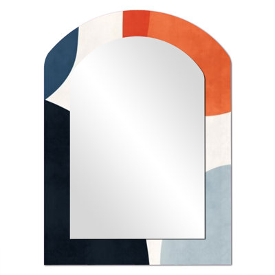 Blue and orange minimal boho pattern 3 - Minimalism Arch Unique Wall Mirror, Modern Asymmetrical Mirror, Printed Metal Art