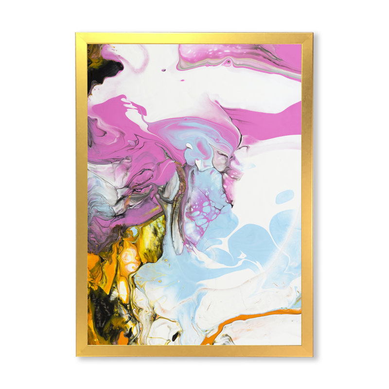 Rose, bleu et jaune liquide Art II - peinture sur toile, H 44 po x l 34 po x P 1,5 po, Cadre doré à coins fermés