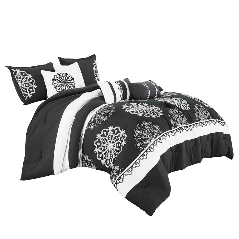 Ensemble d'édredon à rayures 7 pièces noir et blanc, Édredon de grande taille et 6 pièces supplément