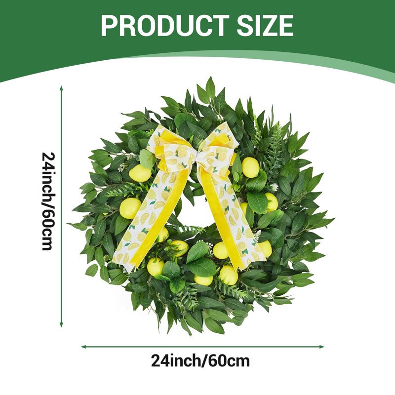 24 Inch Artificial Lemon Wreath, Spring Summer Yellow Fruit Bow Greenery Front Door Wall Decor