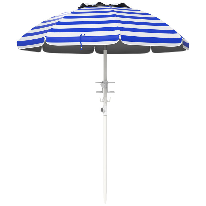 Parasol portatif de 40 ans et plus, réglable et inclinable, 2 crochets pour porte-gobelets, auvent inclinable à rayures bleues et blanches, abri, parasol réglable en hauteur ventilé