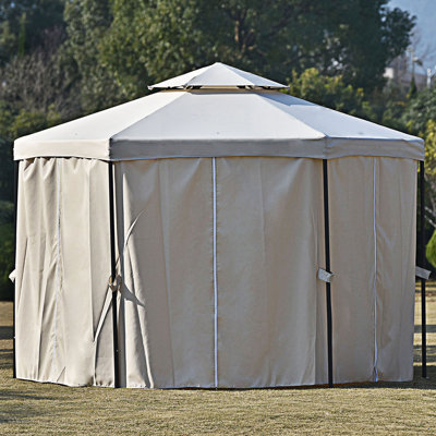 L 11 pi x l 11 pi L Pavillon de jardin extérieur hexagonal avec rideau en polyester, double toit pour terrasse, bord de piscine, jardin