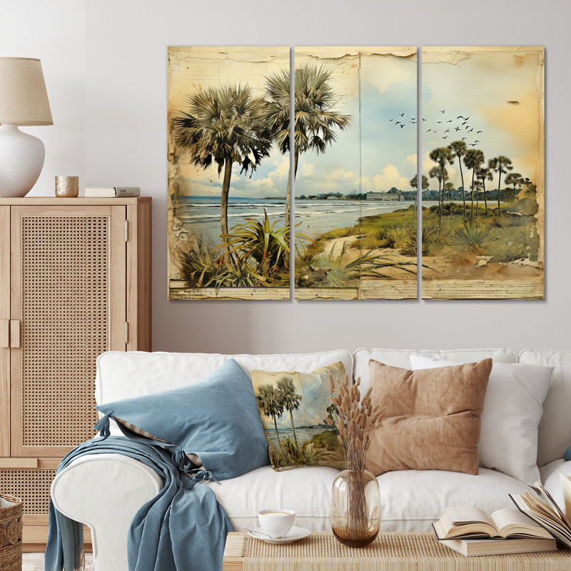 Bord de mer, art mural sur toile, décor de collage rétro de la Floride - collage de palmiers de la Floride rétro et plage IV