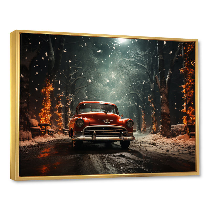 Voiture rouge américaine rouge classique - neige, art mural américain ancien, Cadre flottant doré