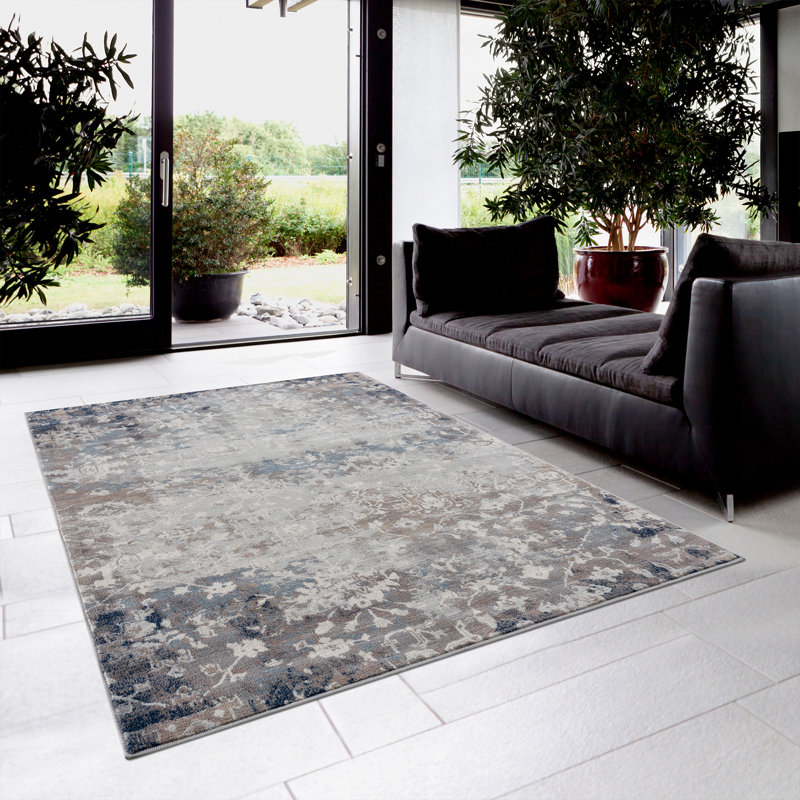 Romulus Navy And Beige Distressed Vines Area Rug, Rectangle 3'9" x 5'6"