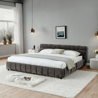 Lit tapissier très grand californien avec rangement, tissu chenille, tête de lit confortable et structure unie - gris foncé