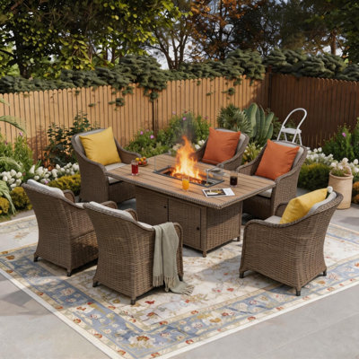 6 - Person Wicker Patio Dining Set Rectangular Table with Cushions Included