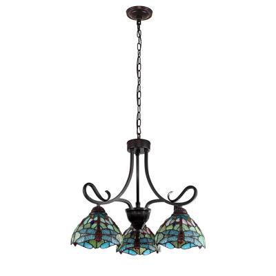 Mini-lustre 3 lumières Mcabee de style Tiffany en bronze foncé de 24 po de large