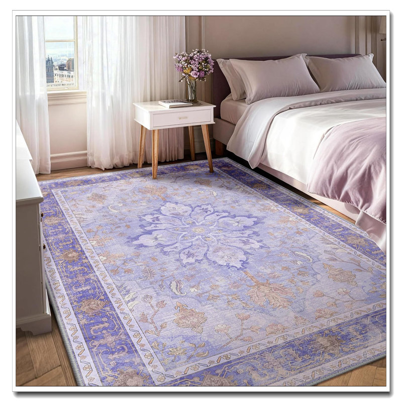 5'X7' Washable Non-Slip Area Rug - Sunflower Series Floral Vintage Distress Medallion Print (Light Purple Brown) For Living Room Bedroom