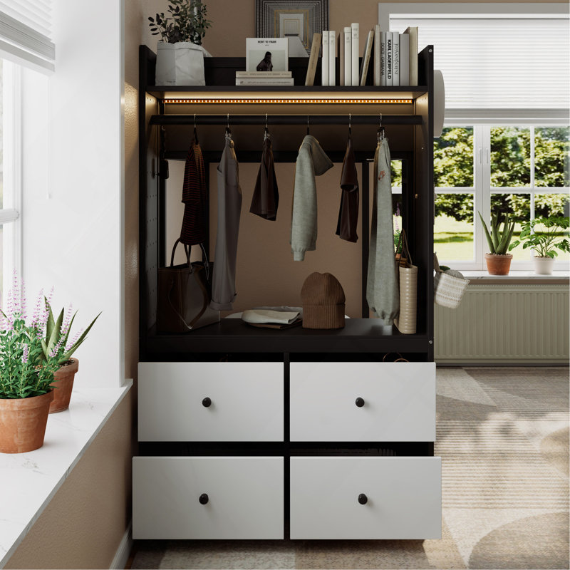 Lit superposé simple avec 4 tiroirs de rangement, rail suspendu, bande lumineuse et tablettes intégrées et 2 panneaux perforés, 3 couleurs disponibles