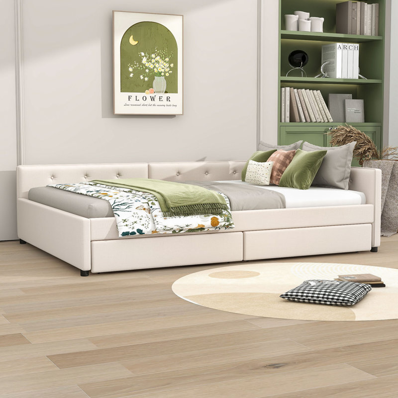 Upholstered Daybed with Built-in USB Ports and 2 Storage Drawers, Queen