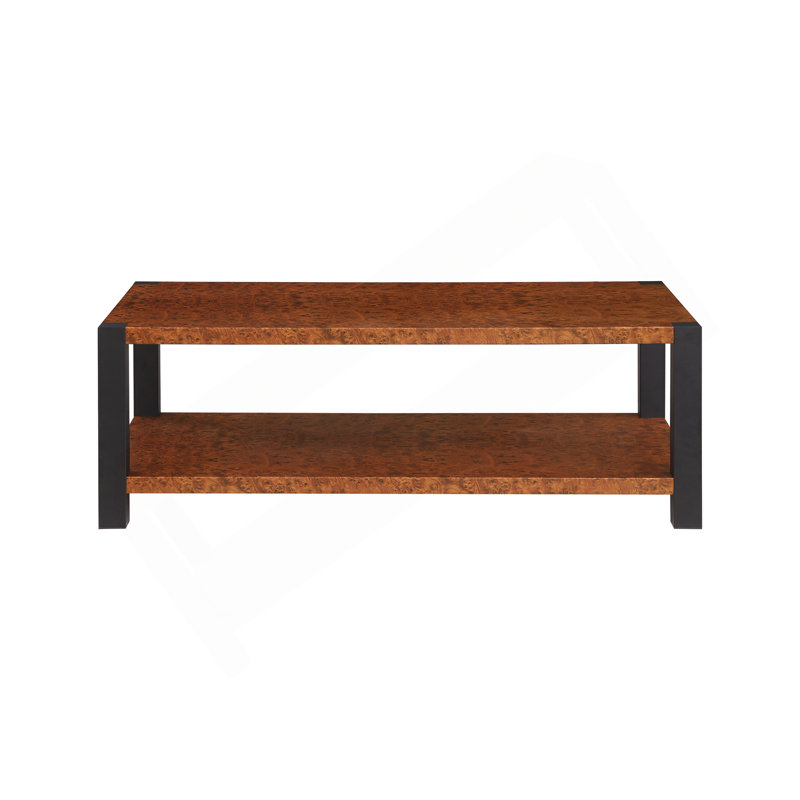 Table basse rectangulaire de 51 pouces de largeur, comptoir en métal grain de bois ronce, table basse de salon double couche en métal noir mat