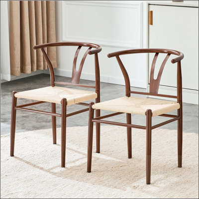 Chaise de salle à manger en fer brun en forme de Y avec siège en corde tissée brun - ensemble de 6