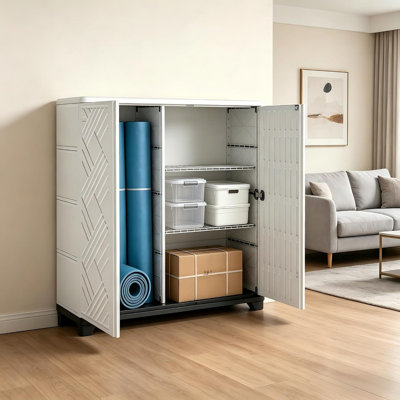 10 cu.ft Outdoor Storage Cabinet – 34.1" W x 33.5" H x 15" D Waterproof Resin, No Shelf Inside for Office/ Mops/Brooms/Ladders – UV Resistant for Patio, Garden, Poolside, Balcony Corner – Easy Assembly