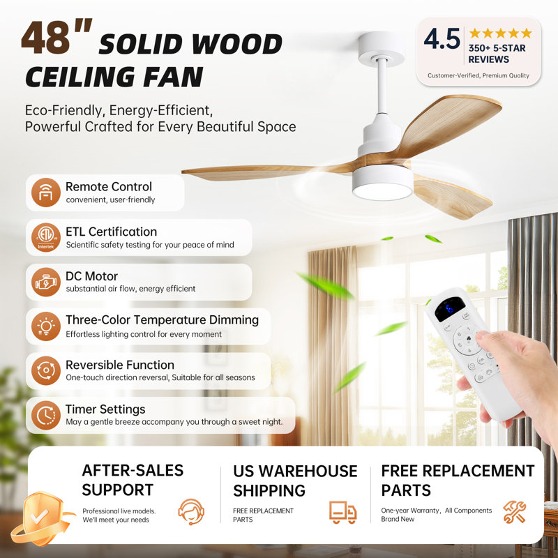 Nicola 3-Blade Dimmable Modern Ceiling Fan, White with Burlywood Blades
