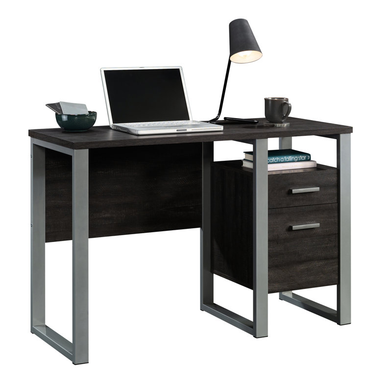Bureau brun foncé avec un seul piédestal pour le bureau personnel, glissières et tiroirs de rangement en métal, structure thermolaquée argentée de style moderne, construction, tiroir coulissant lisse, 45 po