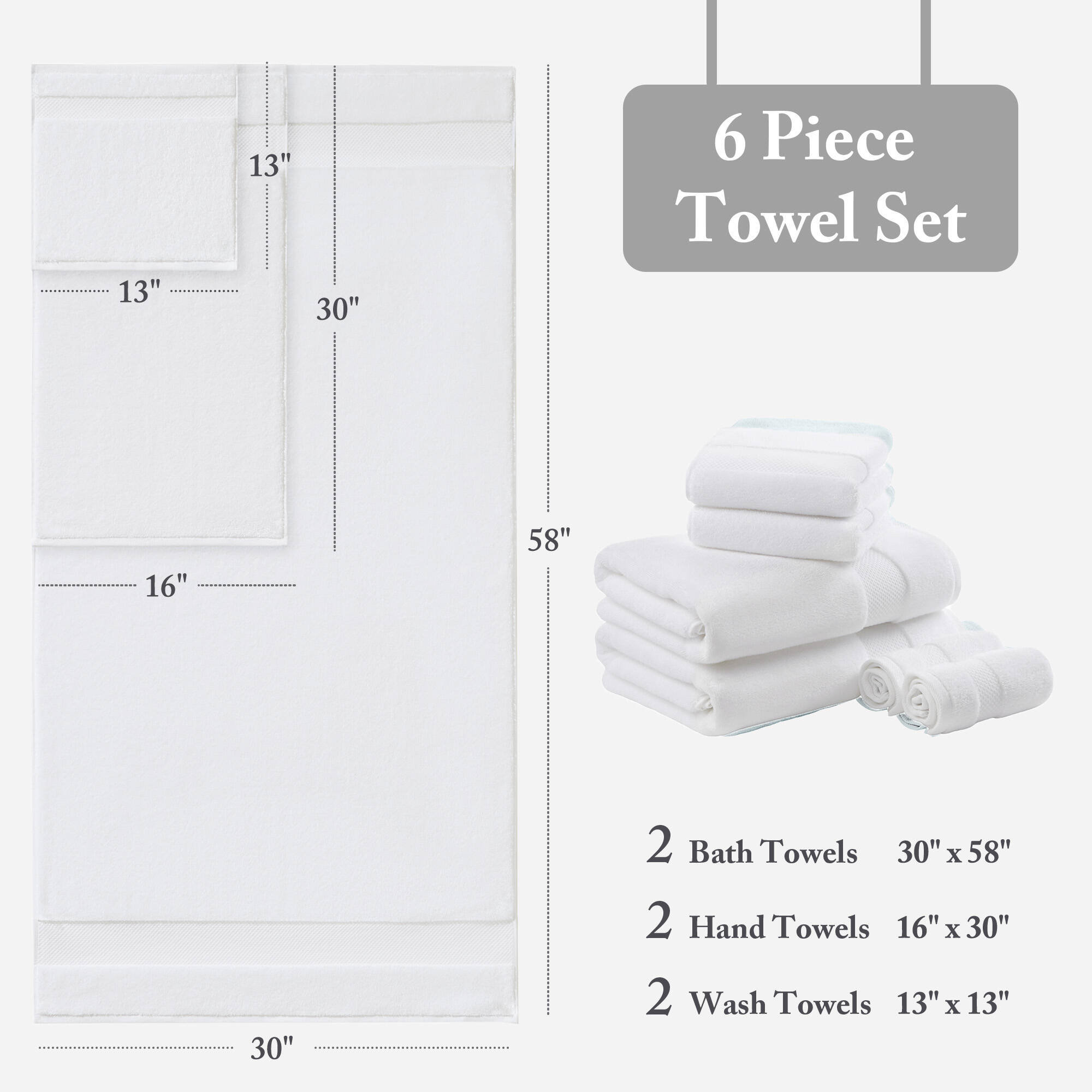 Turkish 100% Cotton Oversized Quick Dry Highly Absorbent Towel Set, White, 6 Piece Towel Set