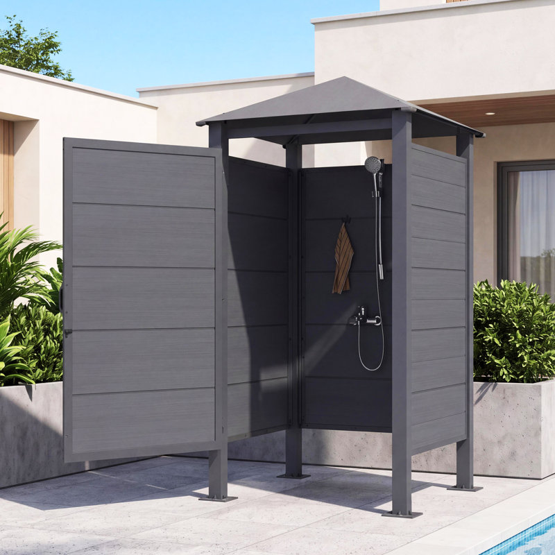 Cabine de douche extérieure 50 po x 50 po, cabine de douche en aluminium résistante aux intempéries avec panneaux en PEHD, porte d'intimité verrouillable pour la cour et la piscine