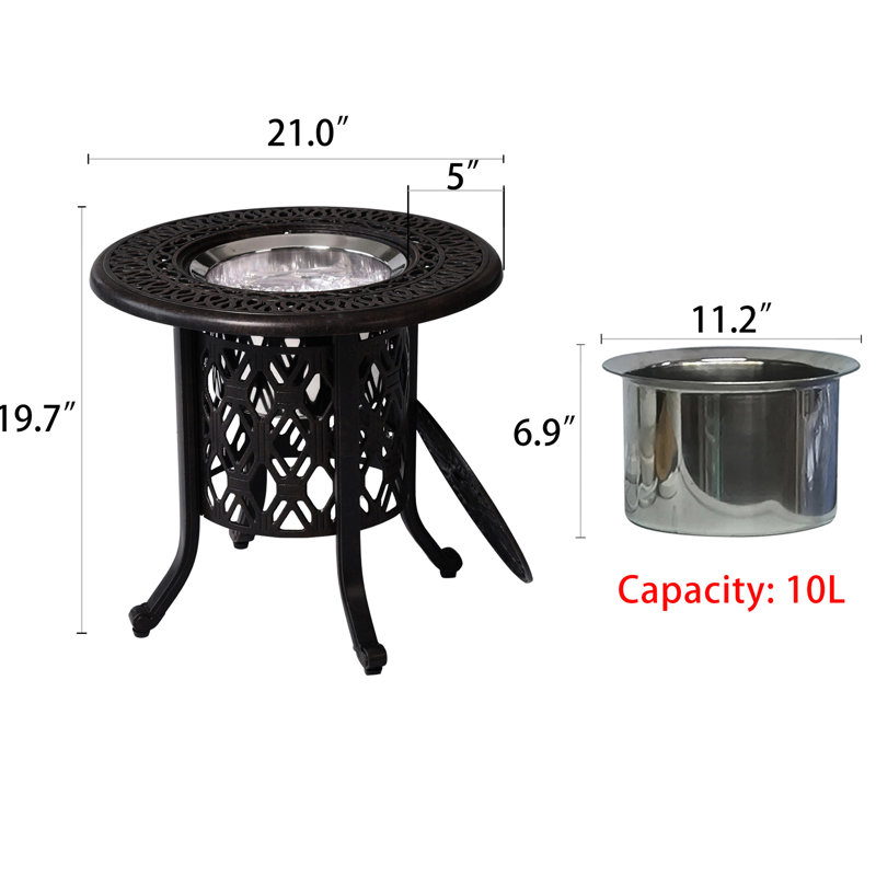 Seau à glace et table d'appoint en fonte d'aluminium antique bronze - profondeur de 21 po, profondeur élégante de 20,83 po