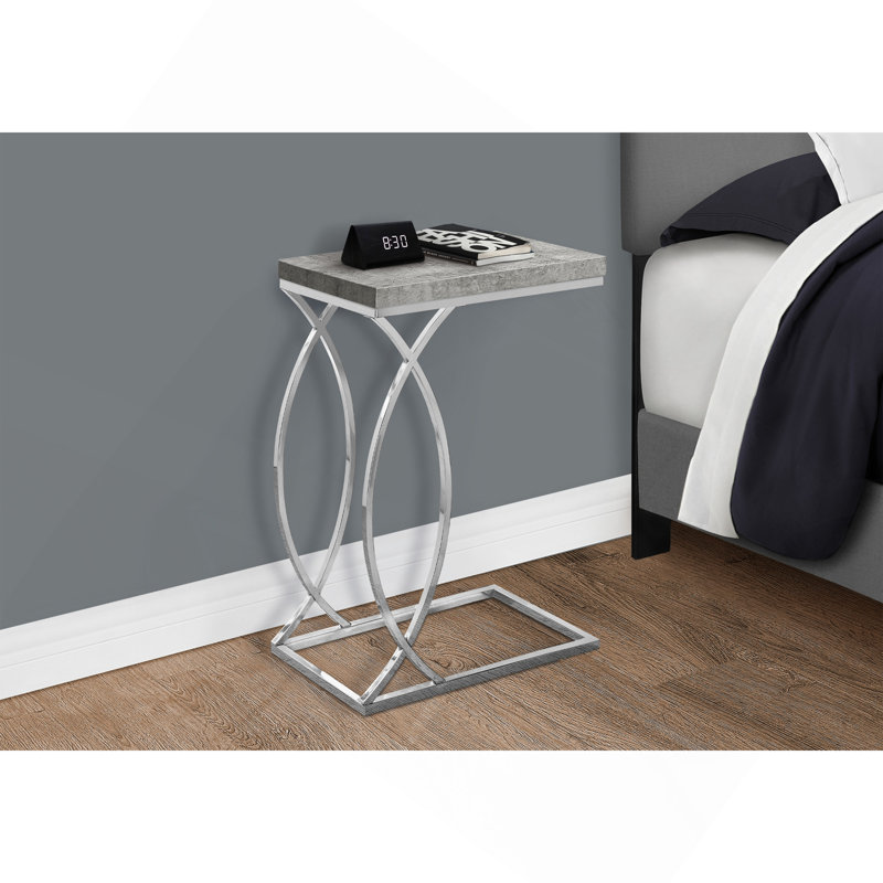 Table d'appoint, en forme de C, bout, côté, collation, salon, chambre à coucher, stratifié gris, métal chromé, contemporain, moderne