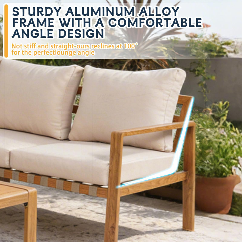 Ensemble de mobilier d'extérieur en forme de L 4 pièces, structure entièrement en aluminium avec grain de bois, sièges rembourrés et table basse en bois plastique, ensemble de conversation moderne