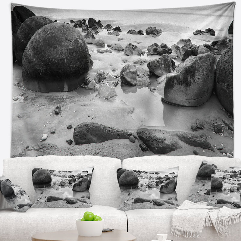 Tapisserie blanc noir n moeraki roche mer, H 32 po x l 39 po