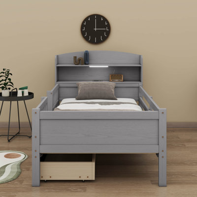 Contemporary Twin Wooden Platform Bed Equipped With LED Lighting, Multipurpose Headboard, Safety Rails, And Dual Drawers