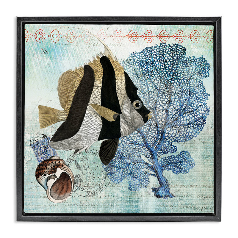 Collage de poissons tropicaux rétro, Cadre flottant noir de jais, H 18 po x l 18 po