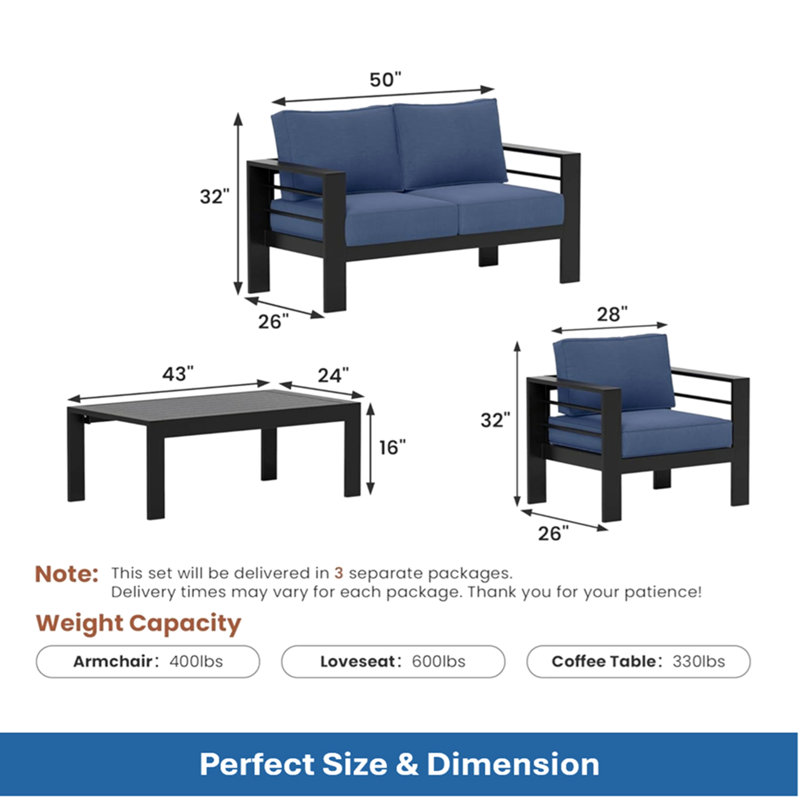 Ensemble de conversation 4 pièces avec 4 coussins bleus épais, structure noire et table basse