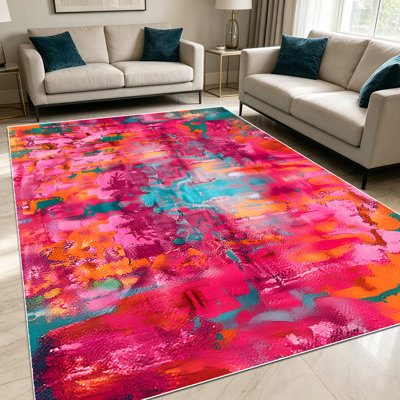 1PC Vibrant Abstract Magenta Pink Tangerine Teal Paint Splatter area rugs for Living Room, Soft and Comfortable, Suitable for all seasons, easy-to-maintain, machine washable Indoor floor mat, Under Table Farmhouse suitable for dining room...