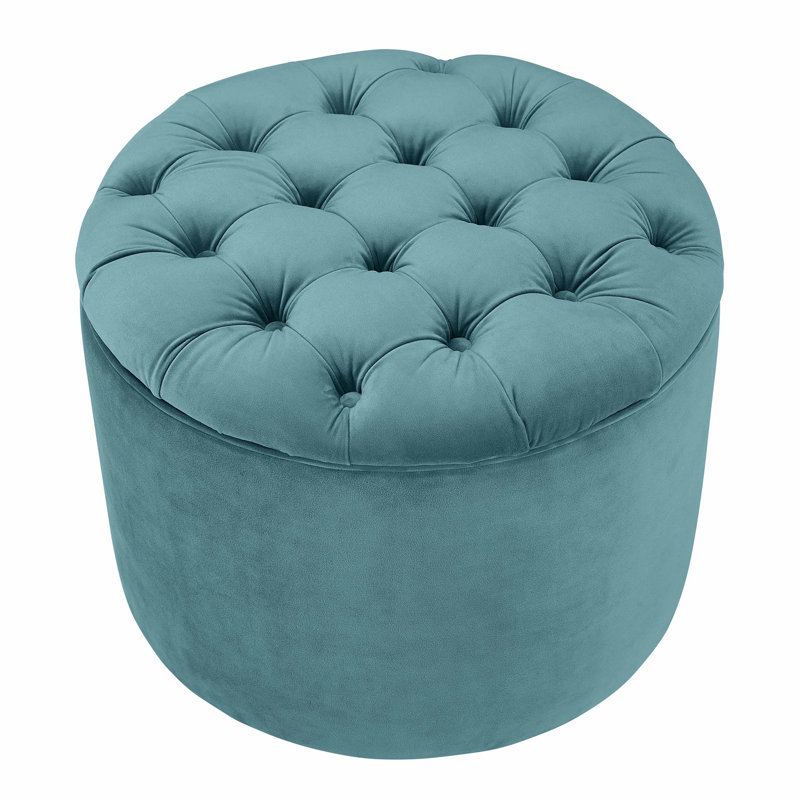 53.3cm Wide Velvet Tufted Round Solid Colour Standard Ottoman with Storage, Blue
