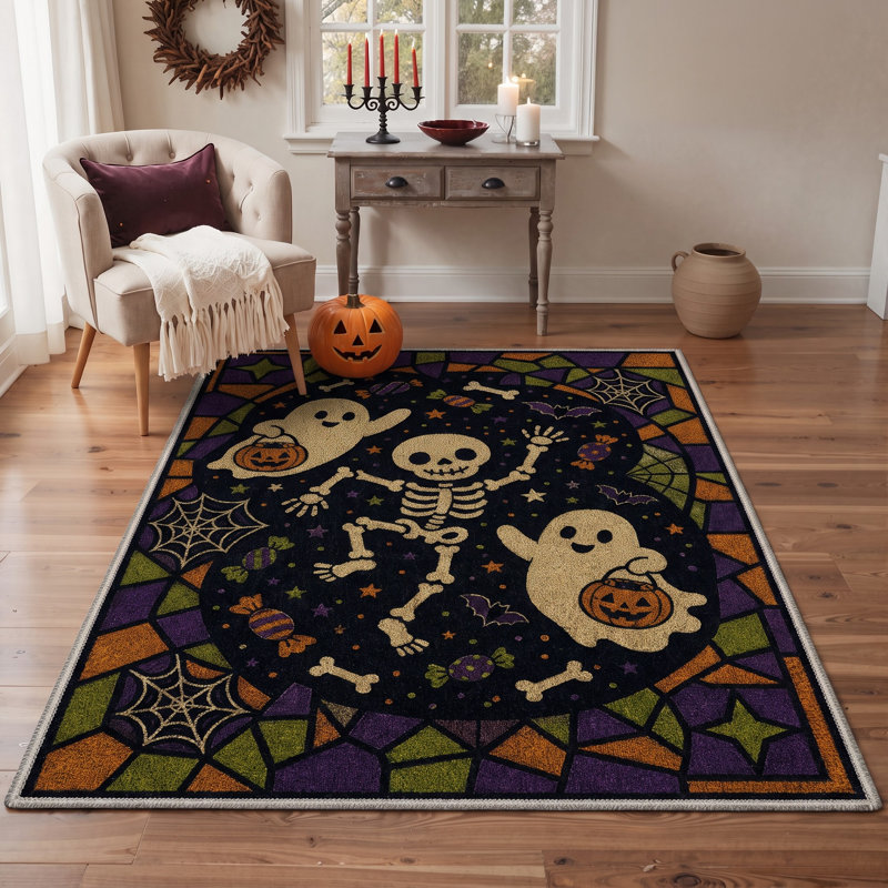 Tapis d'Halloween Spooky Icon, noir / orange, lavable à la machine, à poils courts, antidérapant, Rectangle 9' x 12'