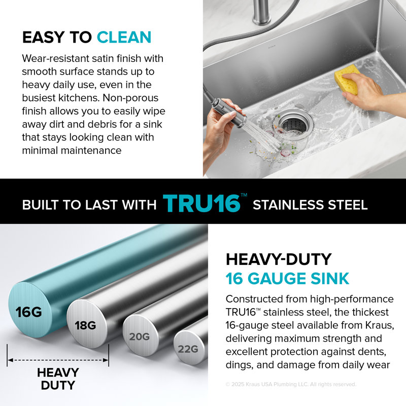 KRAUS Standart PRO™ Undermount 16 Gauge Stainless Steel Kitchen Sink, 10" H x 18" W x 32" L