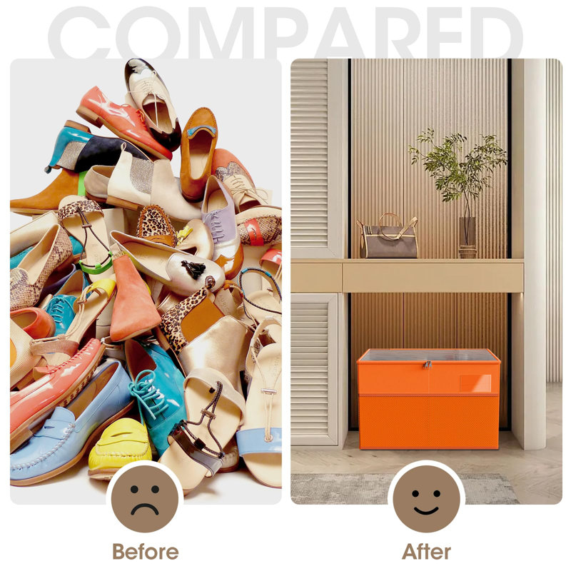Large Orange Shoe Organizer Box with Clear Cover and Adjustable Dividers