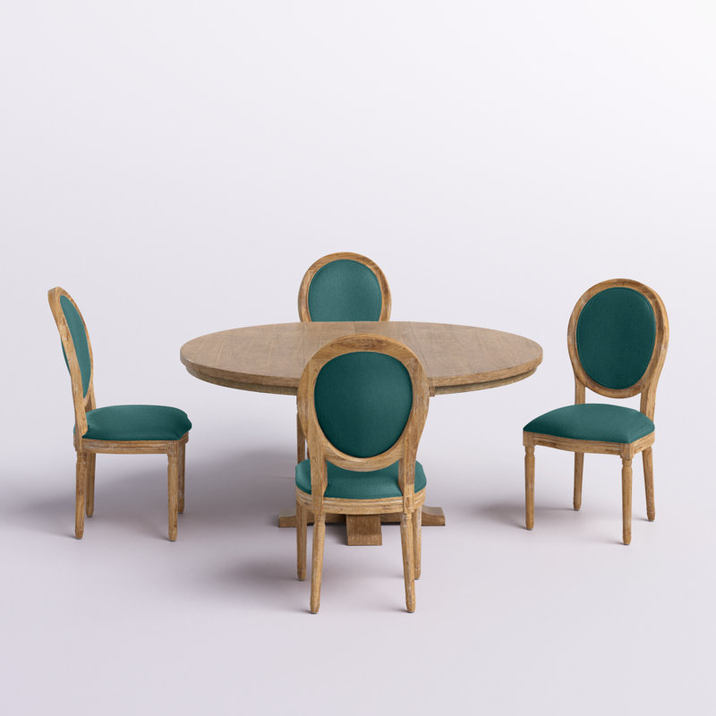 Ensemble de salle à manger extensible Sarang, Naturel, Naturel, Naturel / bleu sarcelle foncé